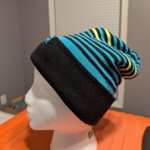 Striped Beanie Hat in Black and Blue